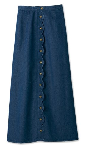 Scalloped Button-front Denim Skirt, Dark Indigo, 10