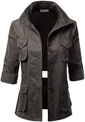 J.TOMSON Women's Military Look Open Back Jackets with Pockets and Roll Up Sleeve OLIVE L