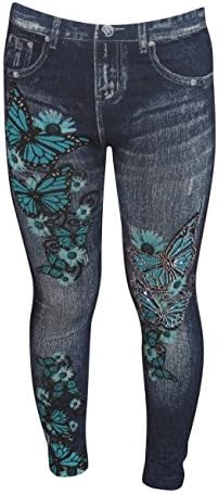 Emolly Skinny Strech Printed Jeggings Jeans with Rhinestones and Beads (Denim Butterfly and Roses)