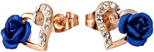 AH Jewelry Rigant 18K RGP Crystal & Rose Accented Heart Stud Earrings (Blue)