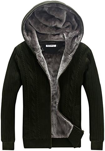 flya Men's Winter Thickened Fleece Lined Hooded Cardigan Open Knitted Sweater Army Green L