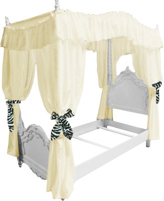 Girl's Princess Twin Size Solid Beige / Off White Drape Canopy with Zebra Print Ribbon Ties