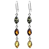 Multicolor Amber and Sterling Silver Marquise-shaped Earrings