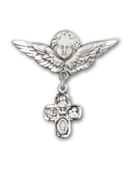 Sterling Silver Baby Badge with 4-Way Charm and Angel with Wings Badge Pin