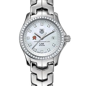 University of Maryland Women's TAG Heuer Link Watch with Mother of Pearl Diamond Dial and Diamond Bezel