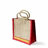 Grehom Gift Bag Small – Red Zari; Beautiful Jute Bag with Embroidered Border; Made of eco-friendly Hessian; Beautiful Christmas Gift