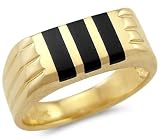 New Solid 14k Yellow Gold Mens Onyx Stripe Band Ring