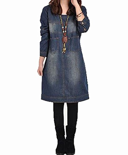 Cick Cick-JPレディース Ａライン ラウンドネック フレアスカート ゆったりウエスト 膝丈 カジュアル ワンピース 長袖五分丈 無地綿麻デニム 可愛い ロングスカート ワンピース エレガント 通勤 通学