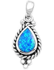 Sterling Silver Womens Bali Blue Fire Lab Opal Pendant Charm Pure 925 New 20mm with 2mm Rope Chain