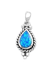 Sterling Silver Womens Bali Blue Fire Lab Opal Pendant Charm Pure 925 New 20mm with 1.2mm Rope Chain