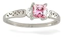 14K White Gold Square Created Pink Sapphire and Diamond Filligree Ring