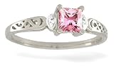 14K White Gold Square Created Pink Sapphire and Diamond Filligree Ring