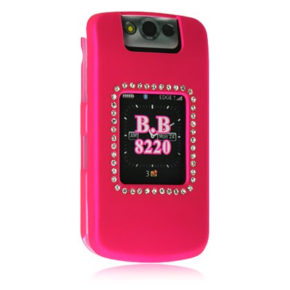 Hot Pink Rubber Feel with White Crystal Diamonds Snap-On Cover Hard Case Cell Phone Protector for BlackBerry Pearl Flip 8220