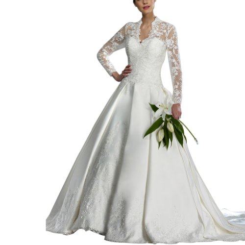 GEORGE BRIDE Royal V-Neck Full-Length Sheer Lace Sleeves Satin Wedding Dress