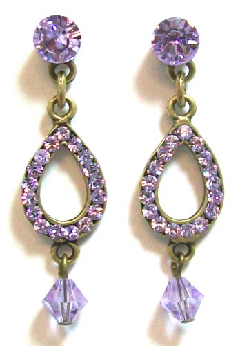 Creations Georgianni 14K Antique Gold Plated Tiered Post Earrings with Violet Swarovski Crystals in a Teardrop Shape