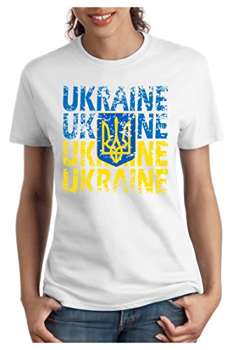 OM3 – UKRAINE – Damen T-Shirt tailliert – UKRAJINA EM 2016 FRANKREICH FRANCE FUSSBALL FANSHIRT SOCCER SPORT TRIKOT EUROPAMEISTER, S, weiss