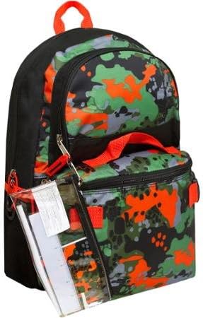 Classic Triple Pocket 17" Rainforest Camo Print Polyester Backpack with Detachable Pencil Case and Lunch Bag