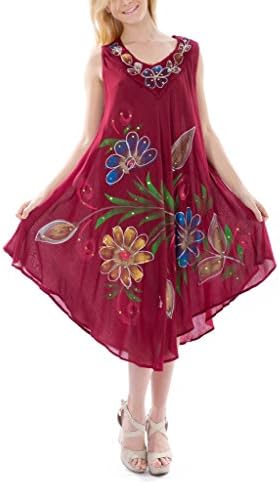 Women's Floral Embroidered Shift Dress, 120-Burgundy