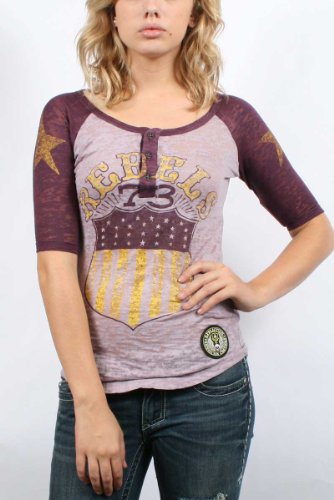 Affliction Rebels Juniors Burnout Henley Raglan T-Shirt - Light Eggplant