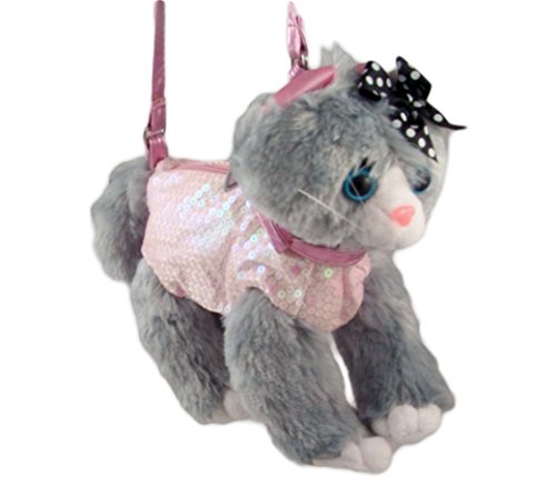 Poochie & Co. Girl's Plush Sequin Kitty Purse, gray cn22001