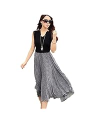 Elasticized   Waistline Flared-Skirt Chiffon Vintage Pleated Round Neck Sleeveless Midi Dress 