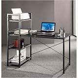 Glass Top Computer Desk with 4-Shelf Metal Bookcase