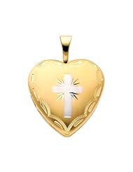 14K Yellow and White 2 Two Tone Gold Cross Engraved Heart Locket Pendant (0.65" Inches or 16mm)