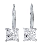 Platinum Plated Sterling Silver 5mm Princess Cubic Zirconia Lever Back Earrings