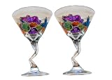 ArtisanStreet's Jeweled Martini Glasses - Set of 2. Glasses Feature Jewel Tone Colors of Purple, Green, Red and Blue. Hand Painted, One of a Kind, Signed by Artisan.