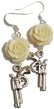 Gun and Rose Earrings White