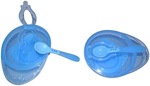 Sharebear Baby Suction Bowl with Built in Spoon Holder on Top of Lid. Set of 2 Either Blue or Pink. FDA Approved, BPA Free, Dishwasher Safe, Shatterproof and Spillproof. (blue)