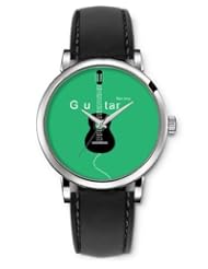 SPRAWL Aanalog Fashion Series Silver Ladies Watches of Genuine Black Leather Strap,Unique Wrist Watch for Women Girls Designed with Guitar on green background