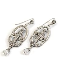 Sweet Romance, Ollipop, Catholic Designer Oval Madonna, St. Mary, Mother & Child Earrings, Silver, Dangle with Crystals.