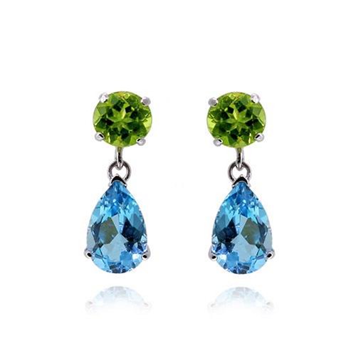 14k White Gold Swiss Blue Topaz and Peridot Dangle Earrings