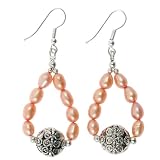 EXP Handmade Pink Freshwater Pearl Dangle Earrings With Antiqued Silver Accent Bead
