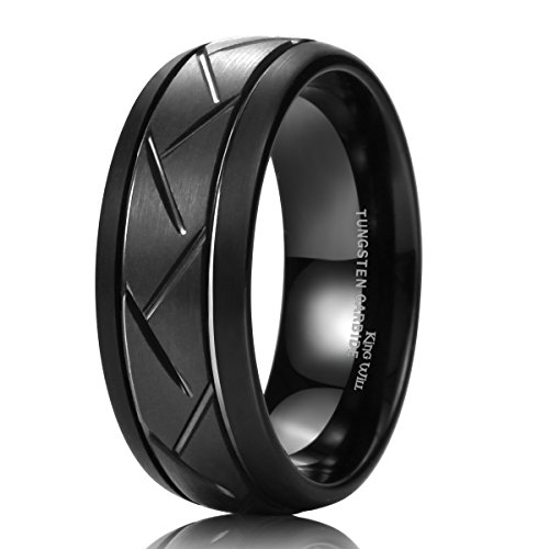 King Will Men s 8mm Black Domed Tungsten Carbide Ring Matte Finish Groove Design Wedding Bands 9.5