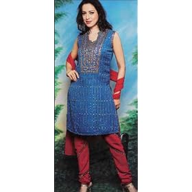 Buy Beautiful Blue Pure Crepe Kameez Embroidered Unstitched Dress Material with Churidar by Utsav
