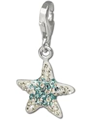 SilberDream Glitter Charm Swarowski Elements starfish white and light blue shiny, 925 Sterling Silver Charms Pendant with Lobster Clasp for Charms Bracelet, Necklace or Earring GSC307