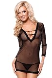 ToBeInStyle V Neck Net Chemise And Thong Lace Trim Open Back Three Ties - Black