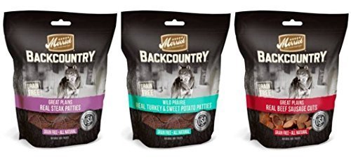 Merrick Backcountry Grain Free Treats 3 Flavor Variety Bundle: (1) Great Plains Real Steak Patties, (1) Wild Prairie Real Turkey/Sweet Potato Patties, & (1) Great Plains Real Beef Sausage, 4-5 Oz. Ea