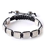 White Crystals Black Macrame Beaded Square Shamballa Unisex Bracelet