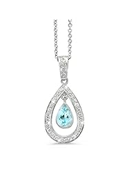 Twin Pear Shaped Diamond Pendant In 18K White Gold With A 0.65 ct. Genuine aquamarine Center Stone.