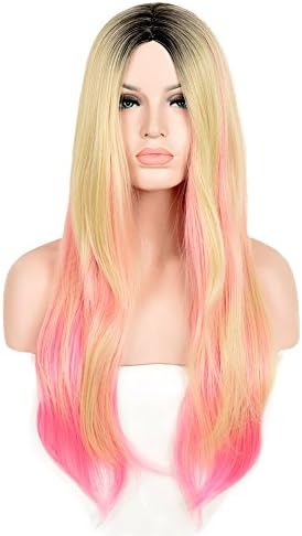 Andao 27 Inches Long Natural Straight Wigs Pastel Synthetic Hair Black Root Women Girl Fashion Cheap Party Natural Wig (Blonde Pink Ombre)