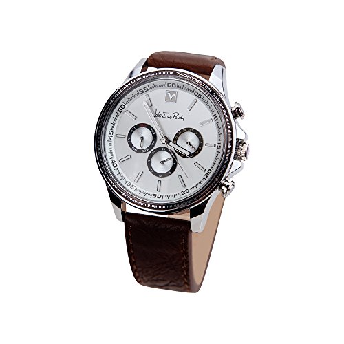 Valentino Rudy Round Face Leather Strap Water Resistant Multi Watch - No. 6601 (Dial White, Band Color Brown)