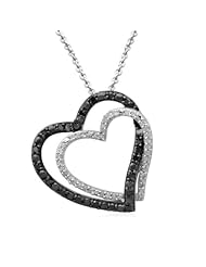 Sterling Silver Black and White Diamond Double Heart Pendant Necklace (1/4 cttw, I-J Color, I2-I3 Clarity), 18"