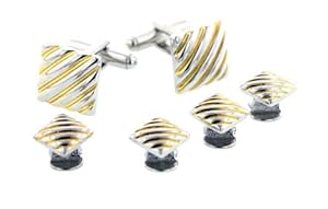 JJ Weston yellow gold plated and silver plated diagonal patterned cufflinks and shirt studs formal set with presentation box. Made in the U.S.A