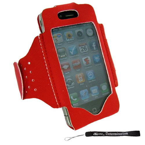 Extreme Sports Exercise Stretchy Red Armband with 8 Secure Adjustable Sizes ( Adjustable from 11 inches up to 19 Inches ) for Apple iPhone 4 , 4th Generation, 4th Gen compatible with 16GB / 32GB - HD Print + Includes a eBigValue (TM) Determination Hand Strap Reviews