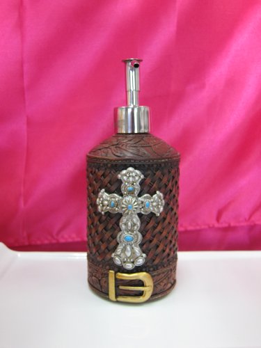 Liquid Soap Dispenser, Western Decor, Woven Leather Like Material, Silver Cross with Turquoise Beads, Silver Belt Buckle