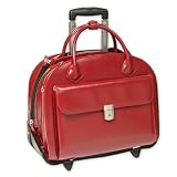 Ladies Leather Detachable Laptop Case on Wheels with Removable Sleeve- Red