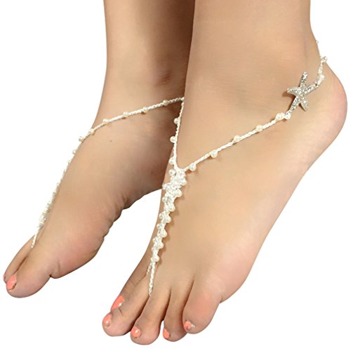 2pcs Beach Wedding Themed Ivory Pearl Crystal Rhinestone Starfish Barefoot Foot Jewelry Anklet